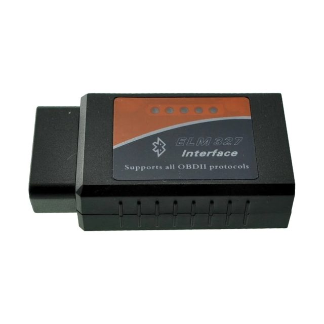 Adaptateur ELM327 Bluetooth v1.5 noir avec étiquette orange et prise OBD2 à 16 broches
