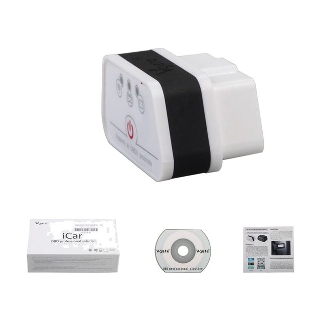 Vgate iCar2 WiFi avec sa boîte, le CD et le manuel