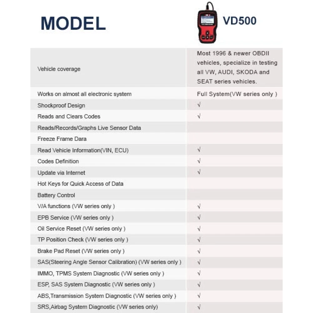 Ancel VD500 OBD2 pour VW, Audi, Seat et Skoda - Lecteur de codes