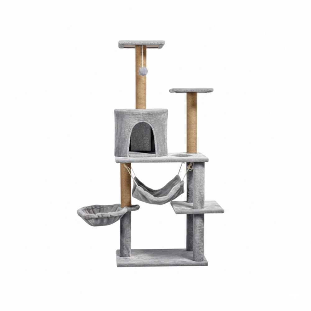 Arbre à chat 125 cm avec hamac, niche et poteaux en sisal