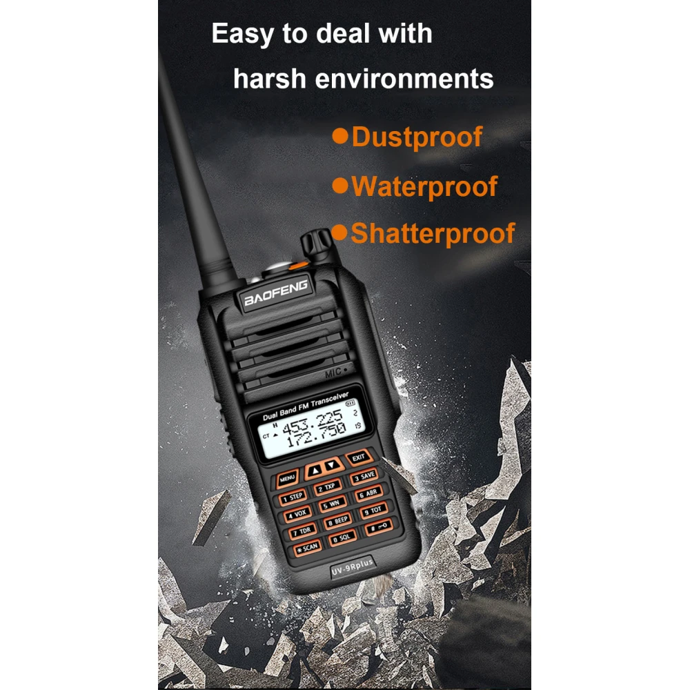 Walkie talkie Baofeng UV9R Plus resistente al agua y polvo con certificación IP68