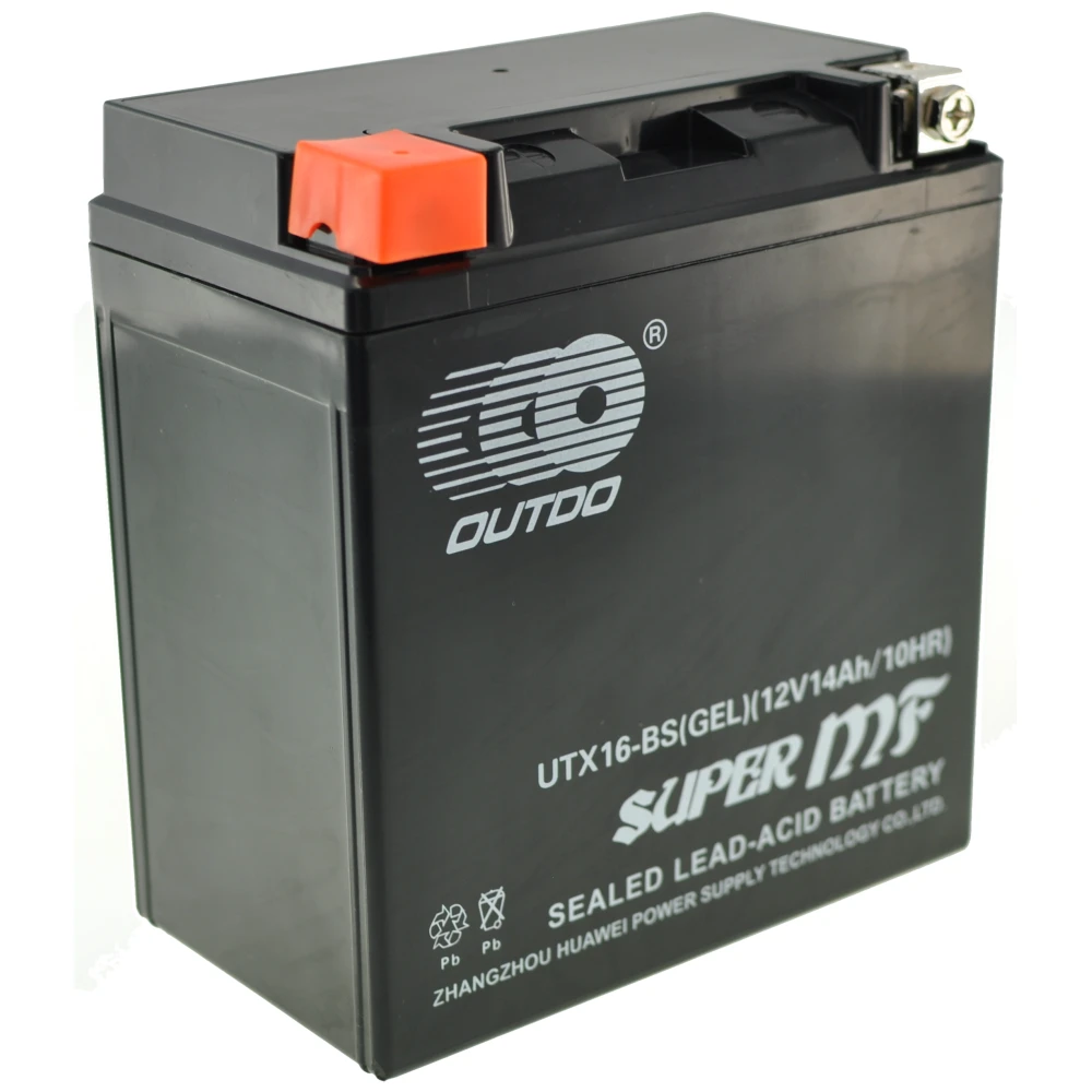 Bateria Moto YTX16-BS Gel vista lateral con bornes positivos a la izquierda