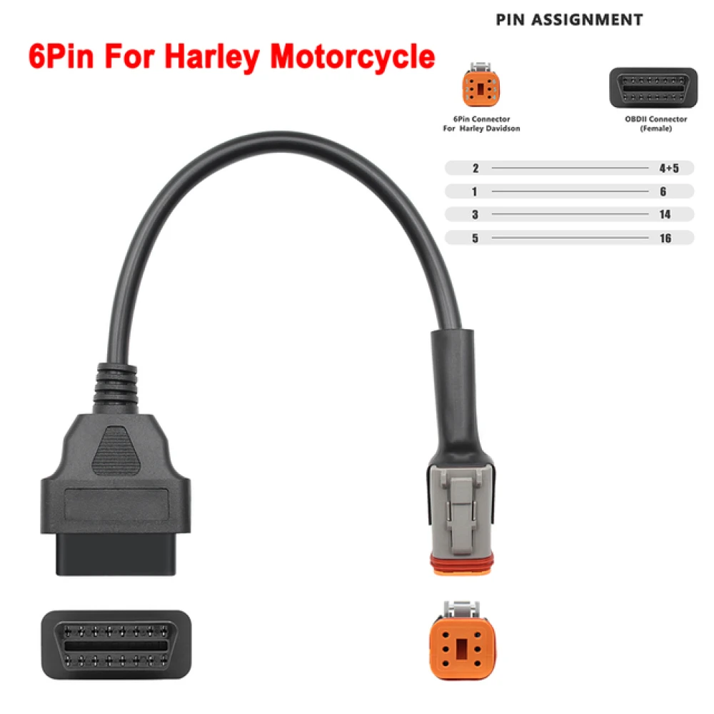 Cable adaptador Harley Davidson OBD1 6 pines a OBDII 16 pines con conectores visibles