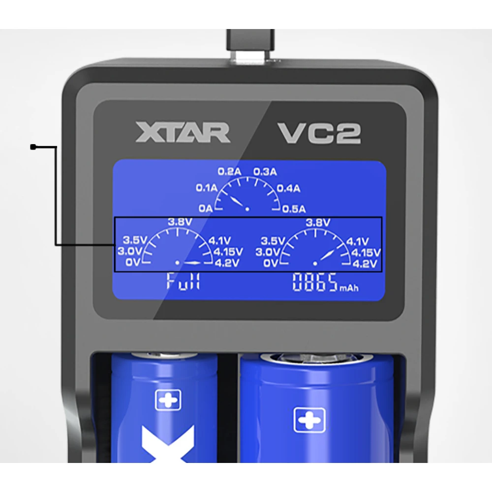 Vista frontal del cargador XTAR MCVCVP124 VC2 con pantalla LCD