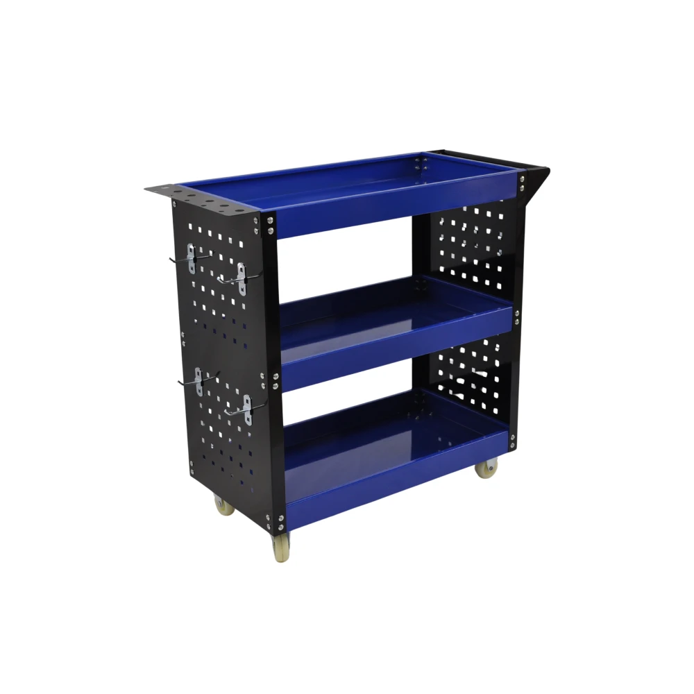 Chariot d’atelier professionnel 3 étagères avec plateaux latéraux et crochets pour organiser votre atelier