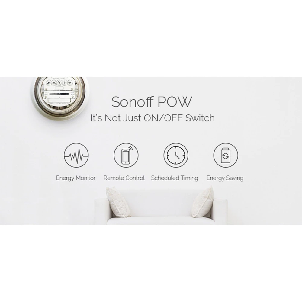 Imagen del interruptor inteligente Sonoff Pow con app eWeLink en smartphone