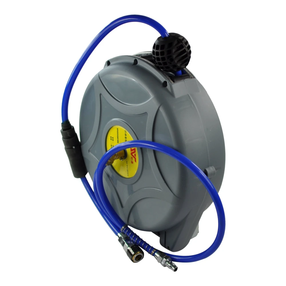 Enrollador manguera aire presión con rebobinado automático y conectores 1/4