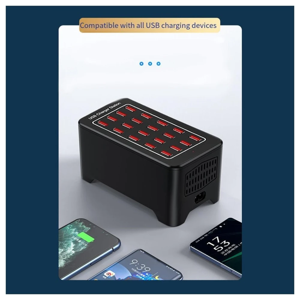 Vista lateral de estación de carga USB 20 puertos ideal para múltiples dispositivos