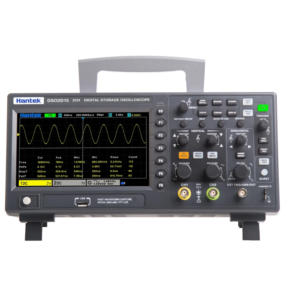 Hantek DSO2D15 Oscilloscope numérique 2 voies 150 MHz avec générateur de fonctions