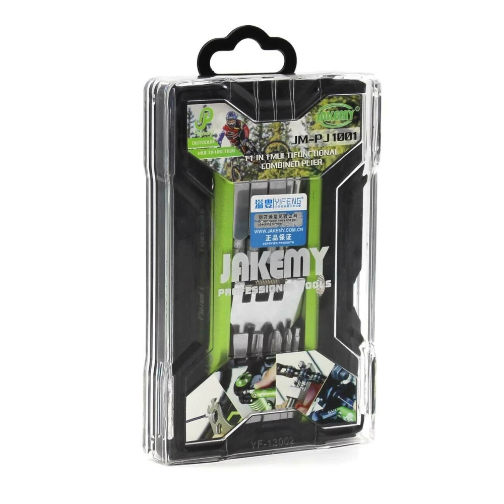 Herramienta portátil JM-PJ1001 mostrando sus diferentes funciones para reparación de bicicletas y motos