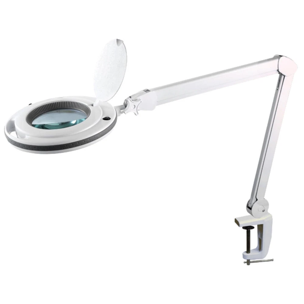 Detalle de la lente de vidrio de 127mm de la lupa con iluminación