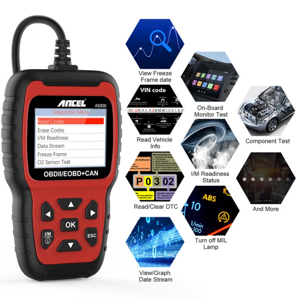Kit completo Ancel AS500 con cables OBD2 y USB