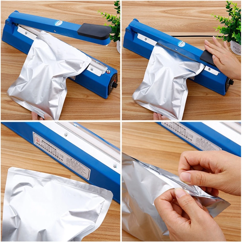 Detalle de la máquina de sellado manual SF-300 mostrando el panel de sellado