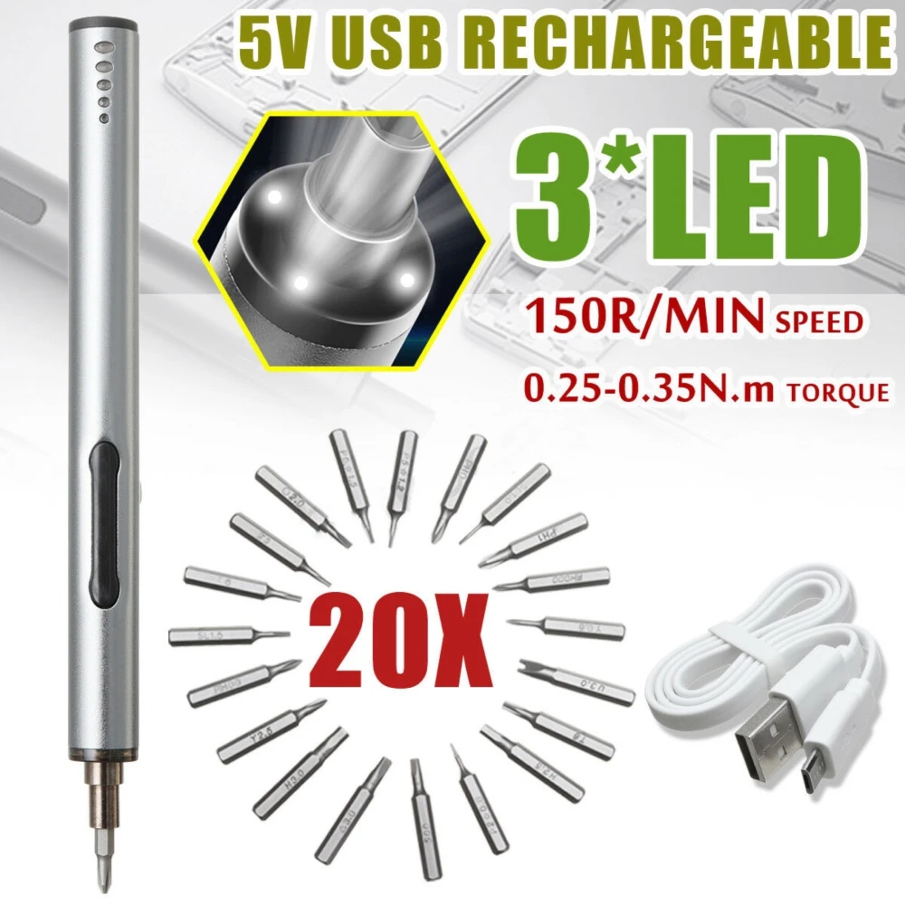 Mini tournevis électrique sans fil USB rechargeable 3 LED 22en1