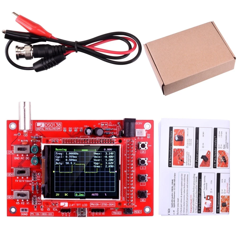 Vista frontal del osciloscopio digital DSO138 ensamblado con pantalla TFT