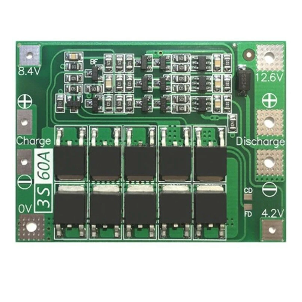 Vista frontal de placa de protección PCB 3S 60A para batería de litio