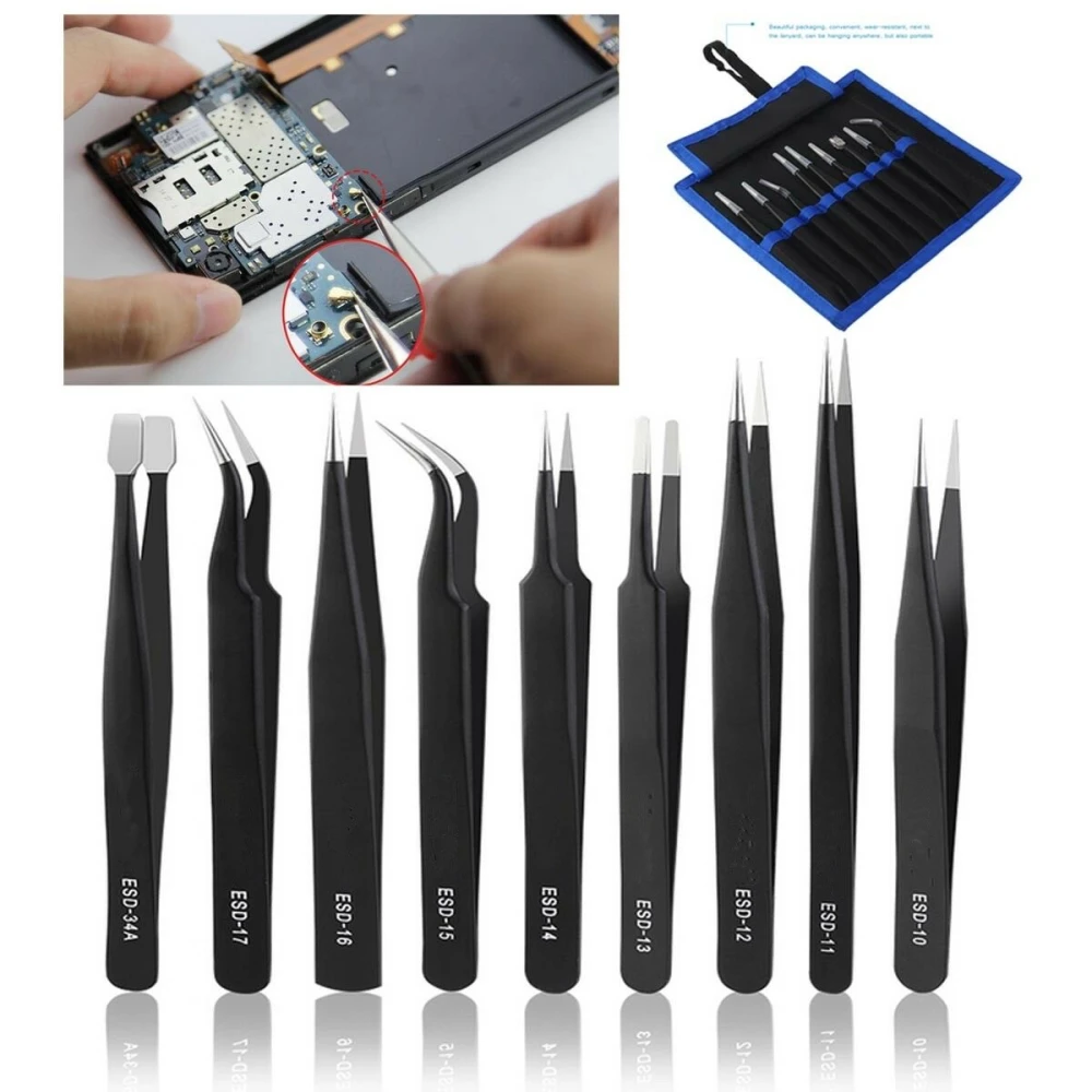 Pinzas de precisión acero inoxidable con recubrimiento antiestático para electrónica y laboratorio